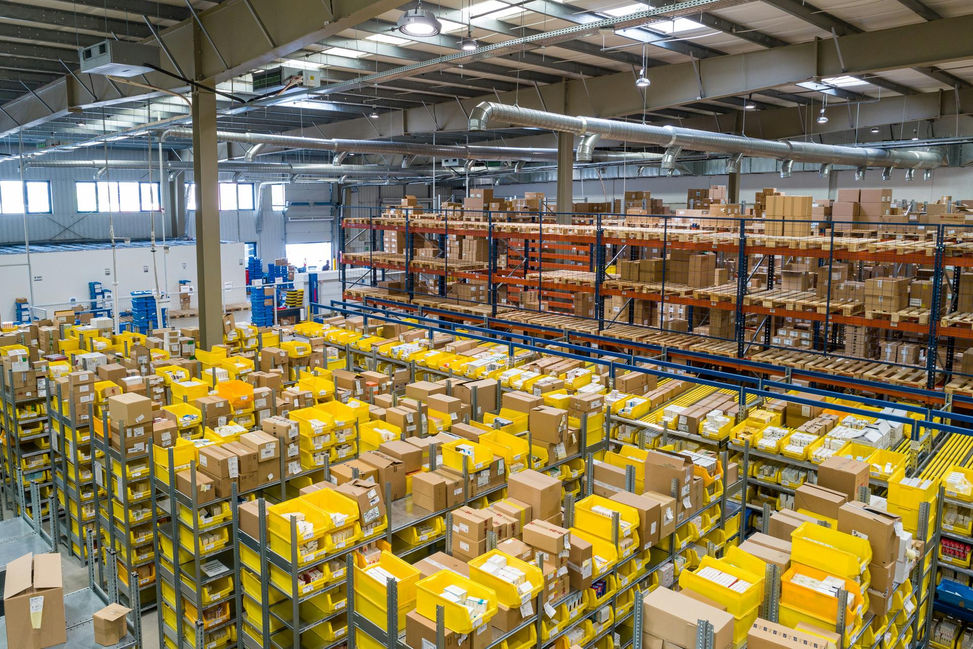 Steel warehouse interior with high clear-span storage bays